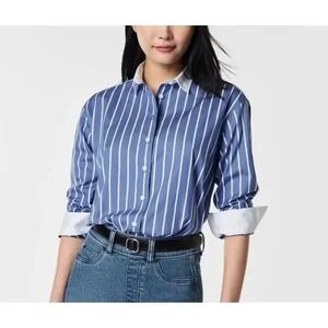 Spanx Blue Relaxed Fit Poplin Stripe Button Front‎ Top Size Large